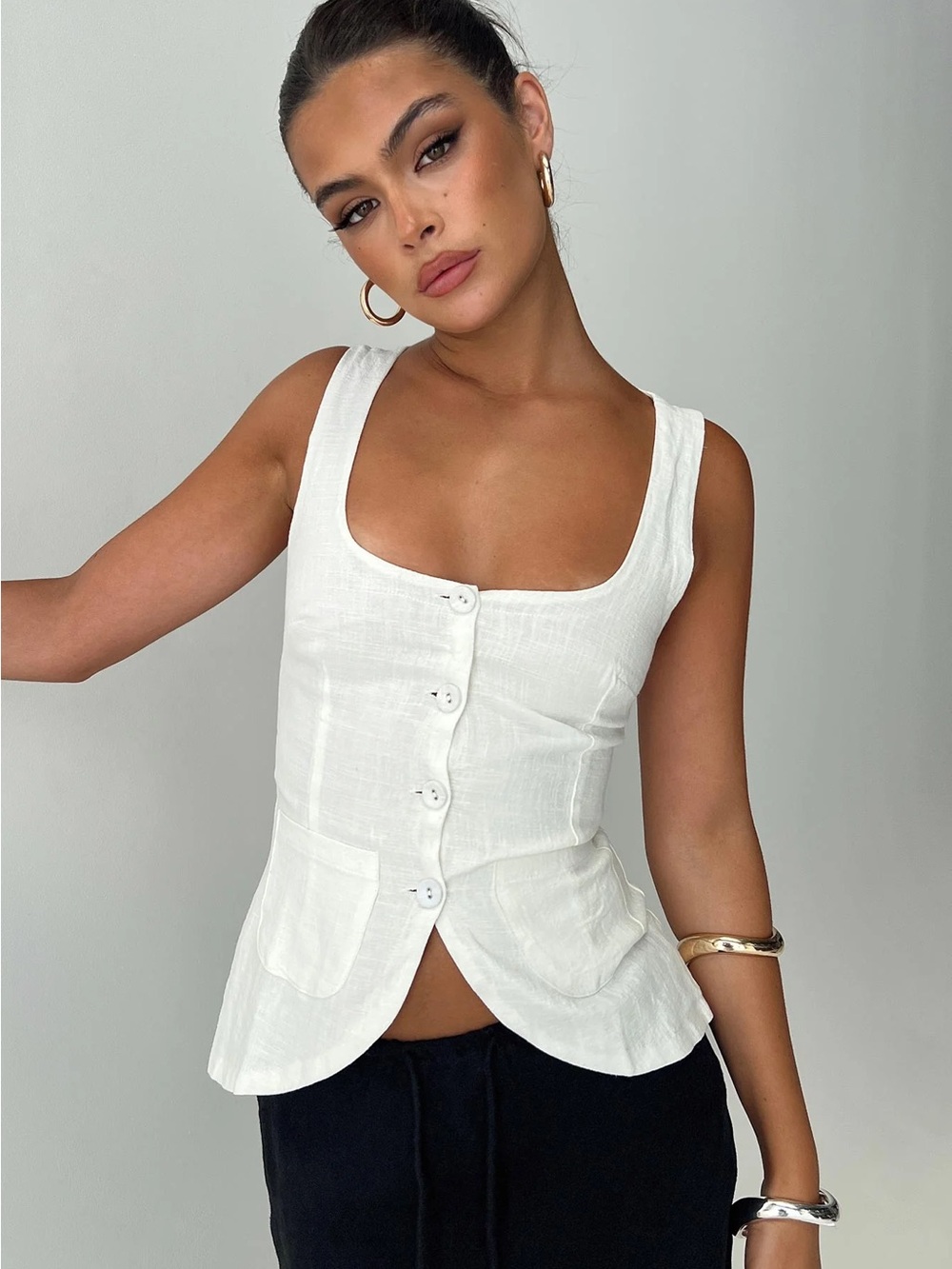 Princess Polly White Linen Button Tank Top